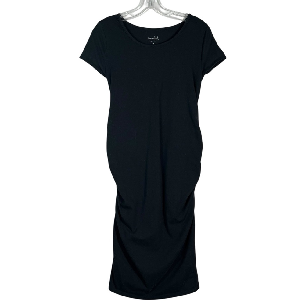 Isabel Maternity Black Short Sleeve Ruched Side Midi Dress Small S Minimal